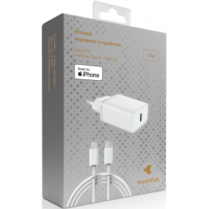 Сетевое зарядное устройство moonfish USB-C, 18 Вт, PD + кабель USB Type-C\Lightning, White