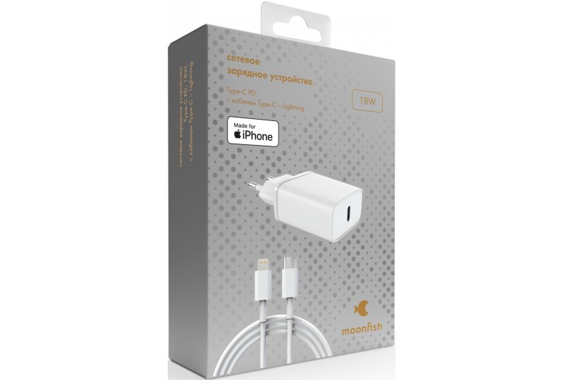 Сетевое зарядное устройство moonfish USB-C, 18 Вт, PD + кабель USB Type-C\Lightning, White