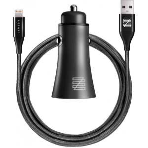 Автомобильное зарядное устройство Lenzza Razzo, 2 USB 5В, 2,1А + кабель Lightning на USB, Black