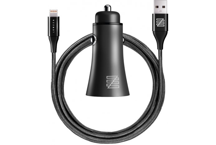 Автомобильное зарядное устройство Lenzza Razzo, 2 USB 5В, 2,1А + кабель Lightning на USB, Black