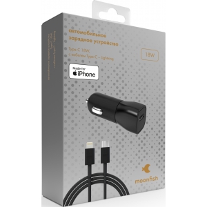 Автомобильное зарядное устройство moonfish 18 Вт, PD + кабель USB-C/Lightning, Black