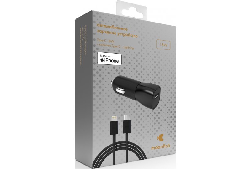 Автомобильное зарядное устройство moonfish 18 Вт, PD + кабель USB-C/Lightning, Black