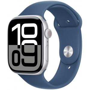 Apple Watch Series 10, 46 мм, корпус из алюминия серебристого цвета, спортивный ремешок цвета синий деним M/L
