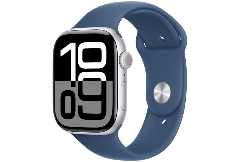 Apple Watch Series 10, 46 мм, корпус из алюминия серебристого цвета, спортивный ремешок цвета синий деним M/L