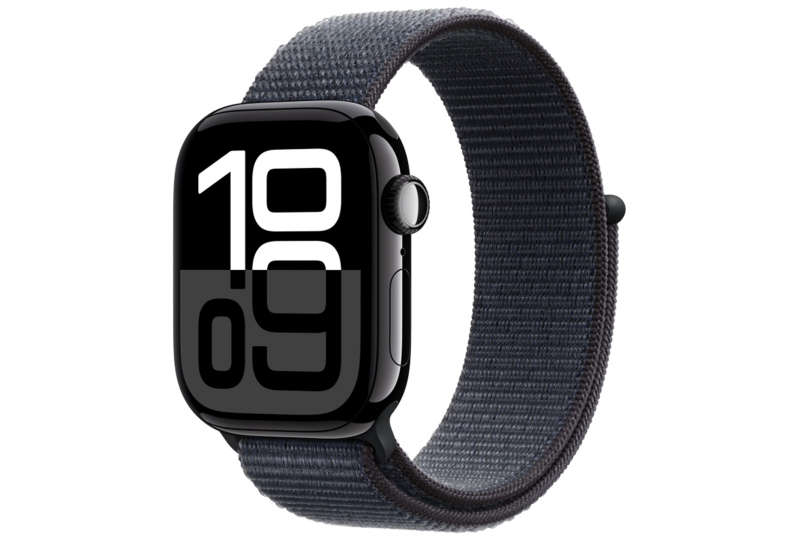 Apple Watch Series 10, 46 мм, корпус из алюминия цвета Black глянец, спортивный браслет темно-синего цвета