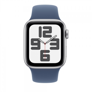 Apple Watch SE 2024, 40 мм, корпус из алюминия серебристого цвета, спортивный ремешок цвета синий деним S/M