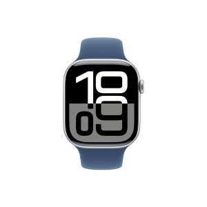 Apple Watch Series 10, 46 мм, корпус из алюминия серебристого цвета, спортивный ремешок цвета синий деним M/L