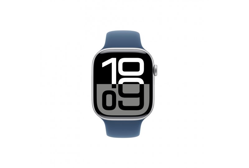 Apple Watch Series 10, 46 мм, корпус из алюминия серебристого цвета, спортивный ремешок цвета синий деним M/L