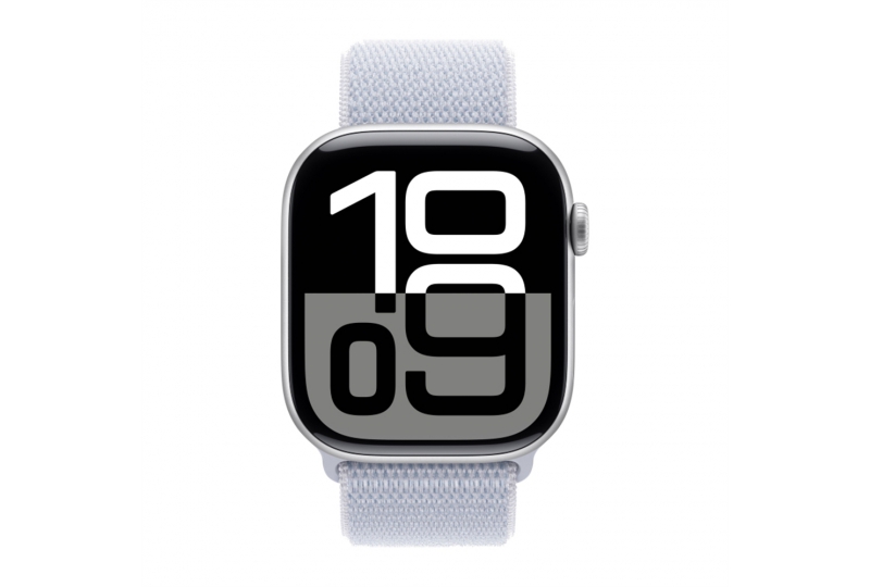 Apple Watch Series 10, 42 мм, корпус из алюминия серебристого цвета, спортивный браслет дымчато-голубого цвета