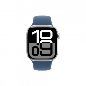 Apple Watch Series 10, 42 мм, корпус из алюминия цвета серебристый, спортивный ремешок цвета синий деним S/M
