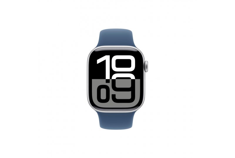 Apple Watch Series 10, 42 мм, корпус из алюминия цвета серебристый, спортивный ремешок цвета синий деним S/M