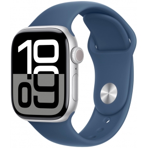 Apple Watch Series 10, 42 мм, корпус из алюминия цвета серебристый, спортивный ремешок цвета синий деним S/M