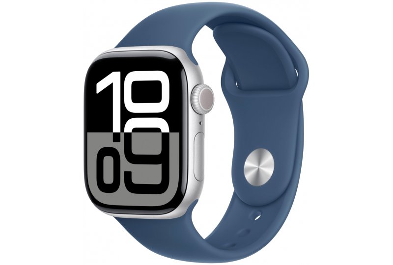 Apple Watch Series 10, 42 мм, корпус из алюминия цвета серебристый, спортивный ремешок цвета синий деним S/M