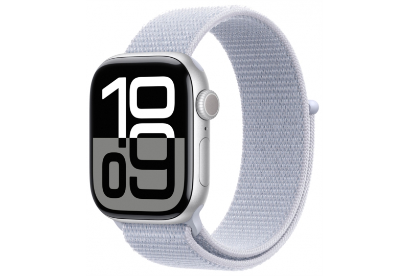 Apple Watch Series 10, 42 мм, корпус из алюминия серебристого цвета, спортивный браслет дымчато-голубого цвета