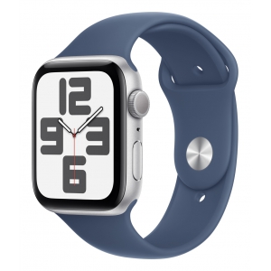 Apple Watch SE 2024, 44 мм, корпус из алюминия серебристого цвета, спортивный ремешок цвета синий деним M/L