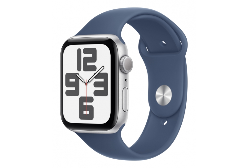 Apple Watch SE 2024, 44 мм, корпус из алюминия серебристого цвета, спортивный ремешок цвета синий деним M/L