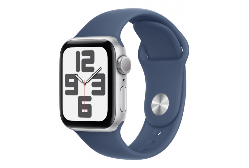 Apple Watch SE 2024, 40 мм, корпус из алюминия серебристого цвета, спортивный ремешок цвета синий деним S/M